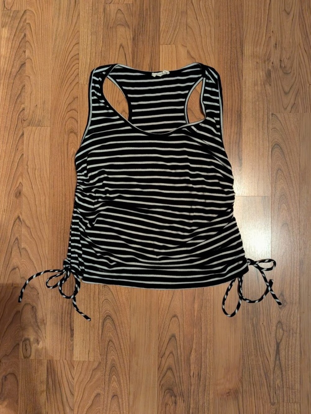 Ruched Black & White Striped Racerback Tank Top, Size Small
